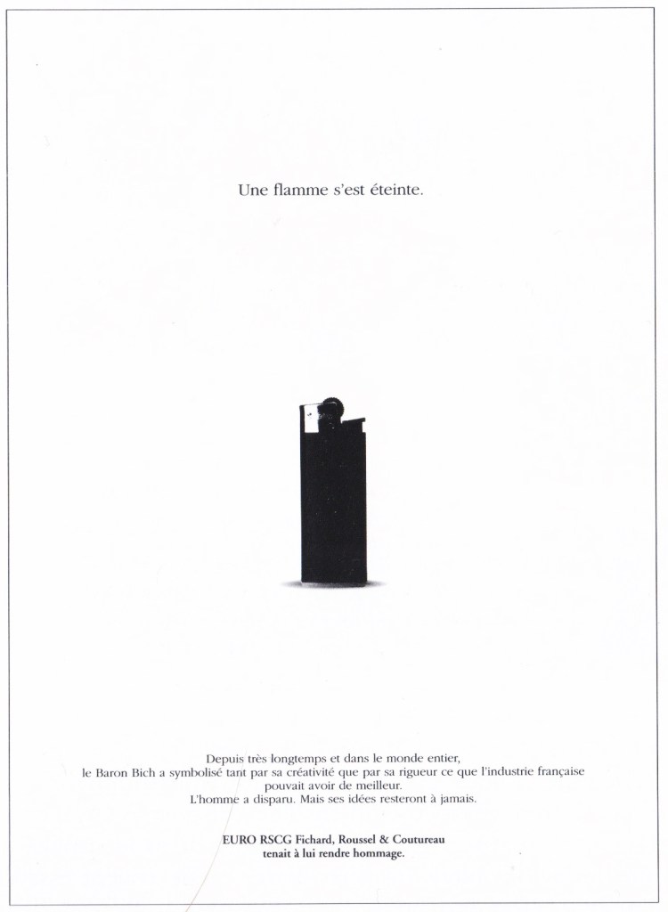 Publicité Bic - Hommage au baron Bich lors de son décès - Agence EuroRSCG - 1994
