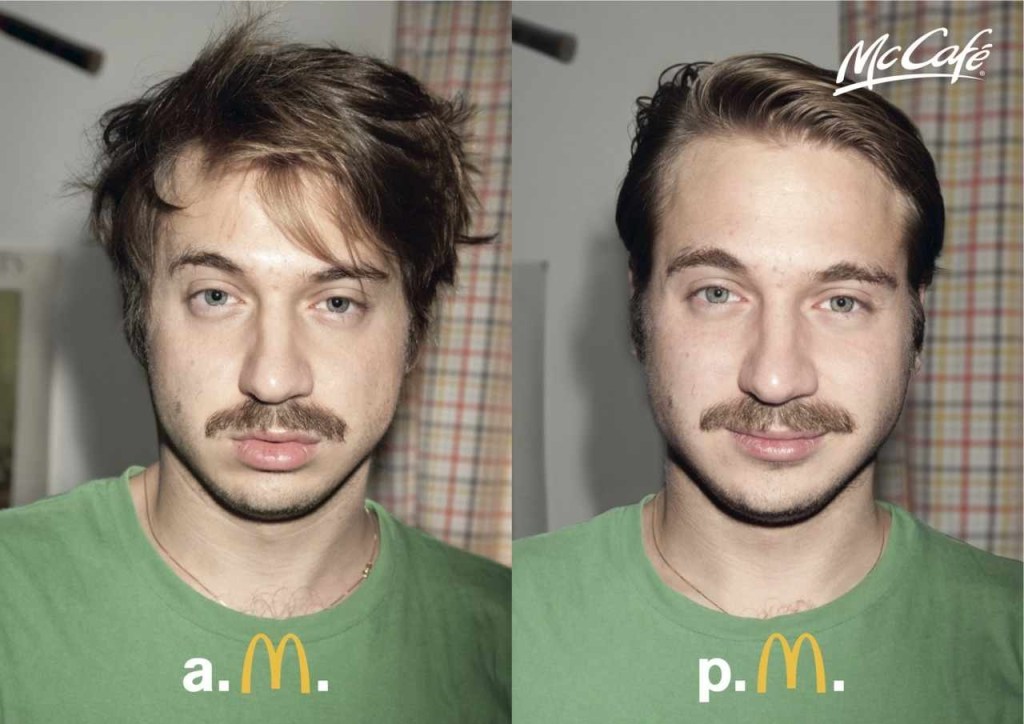 Publicité McDonald's -McCafé - AM/PM - Side by side - Un homme moustachu en tee-shit vert avant et après son McCafé - Agence DDB Tribal (Autriche) - 2011