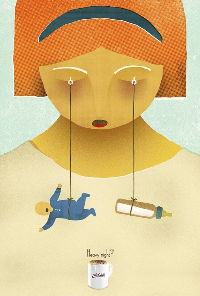 Publicité McDonald's - McCafé - Nuits difficiles - Illustrations - Femme avec un enfant et un biberon accrochés à ses yeux - Agence Leo Burnett - Australie - 2015
