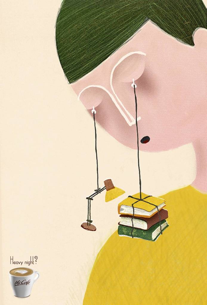 Publicité McDonald's - McCafé - Nuits difficiles - Illustrations - Homme avec une lampe de bureau et des livres accrochés à ses yeux - Agence Leo Burnett - Australie - 2015