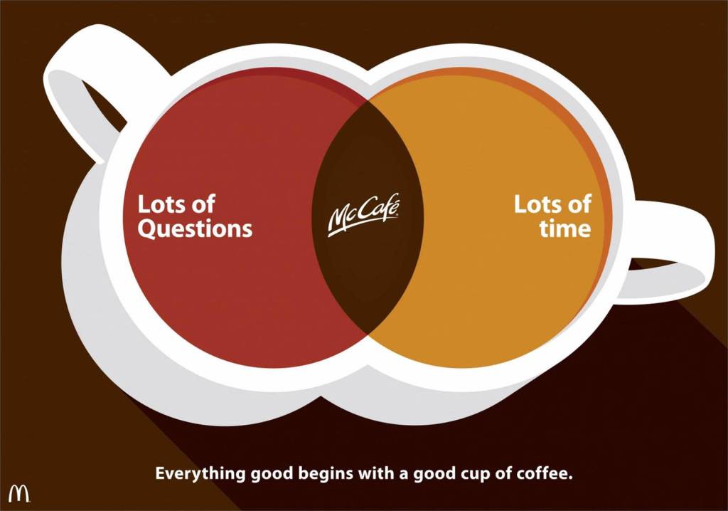 Publicité McDonald's - McCafé - Everything good begins with a good cup of coffee - Deux tasses jointes - Lots of questions et Lots of time - Agence TBWA - Allemagne - 2012
