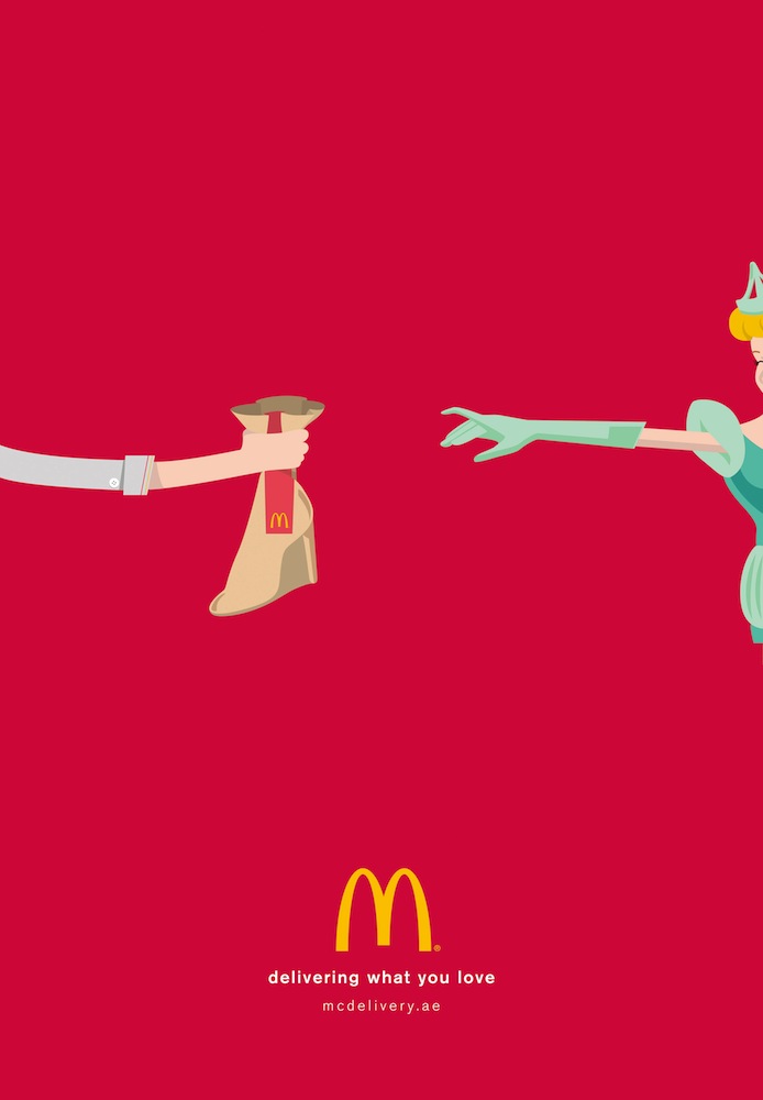 Publicité McDonald's - McDelivery - Delivering what you love - Cendrillon - Une main lui apporte un sac avec un soulier à l'intérieur - Agence Leo Burnett - Émirats arabes unis - 2015