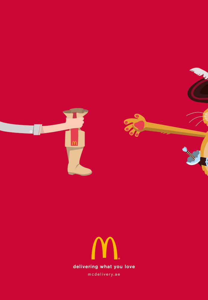 Publicité McDonald's - McDelivery - Delivering what you love - Chat Botté - Une main lui apporte un sac avec une botte à l'intérieur - Agence Leo Burnett - Émirats arabes unis - 2015