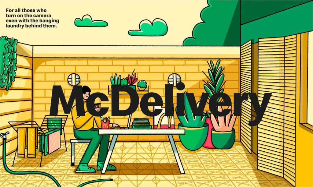Publicité McDonald's - McDelivery -Teletravail - For all those turn on the camera even with the hanging laudry behind them - Homme assis à un table sur sa terrasse - Leo Burnett - Argentine - 2020