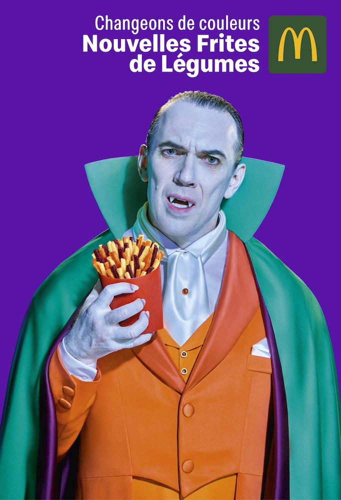 Publicité McDonald's - Nouvelles frites de légumes - Changeons de couleurs - Dracula dans des teintes vert et orange - Agence TBWA Paris - 2023