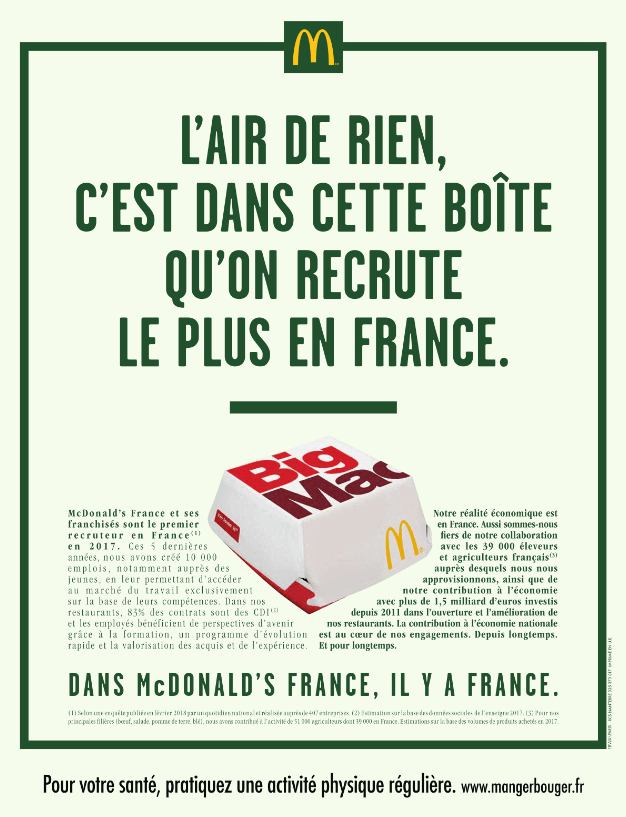 Publicité McDonald's - Dans McDonald's, il y a France - L'air de rien, c'est dans cette boîte q'on recrute le plus en France - Packaging de Big Mac - Agence TBWA\Paris - 2017