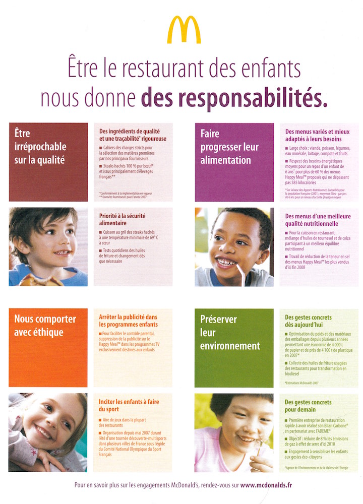 Publicité McDonald's - Être le restaurant des enfants nous donne des responsabilités - 8 engagements de l'enseigne développés - 4 photos d'enfants