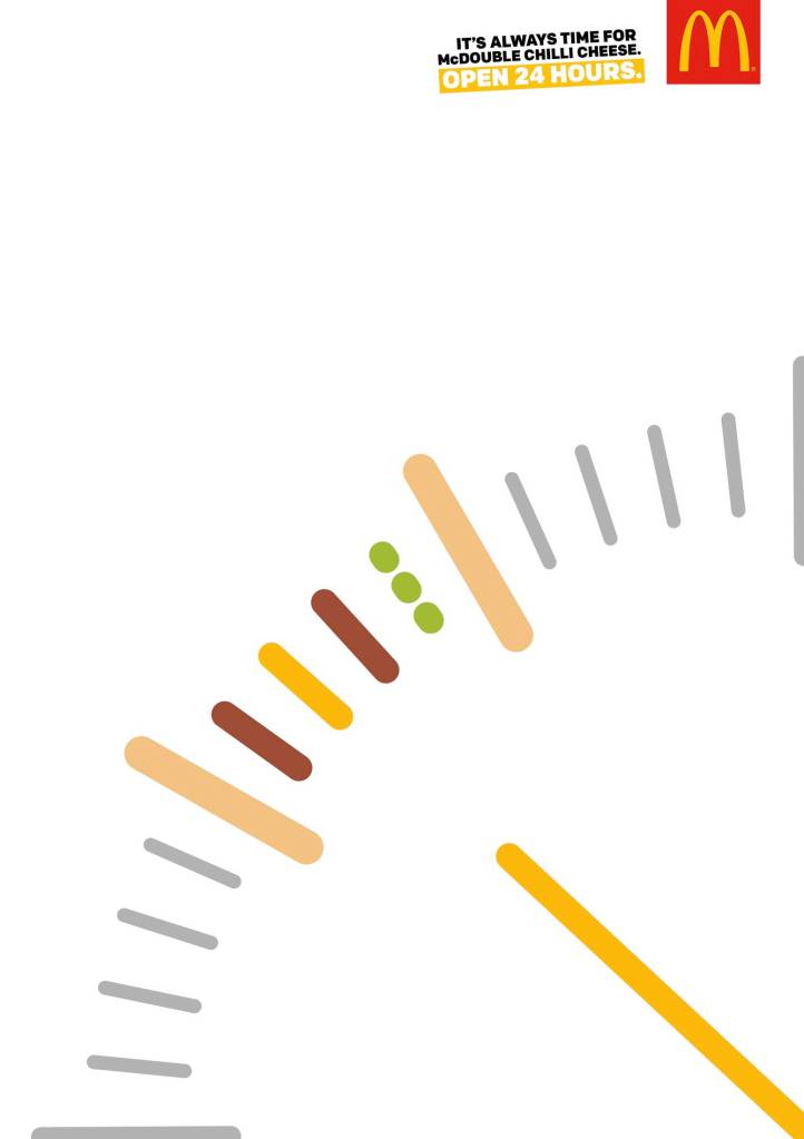 Publicité McDonald's - 24/24h - Horloge - Les minutes ressemblent à un McDouble Chilli Cheese - Agence Leo Burnett/Thjnk - Allemagne - 2018