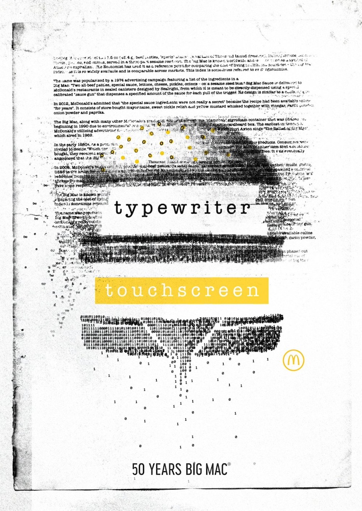 Publicité McDonald's - 50 ans Big Mac - 50 artistes - Typewriter-Touchscreen - Agences TBWA Suisse et Worldwide - 2019