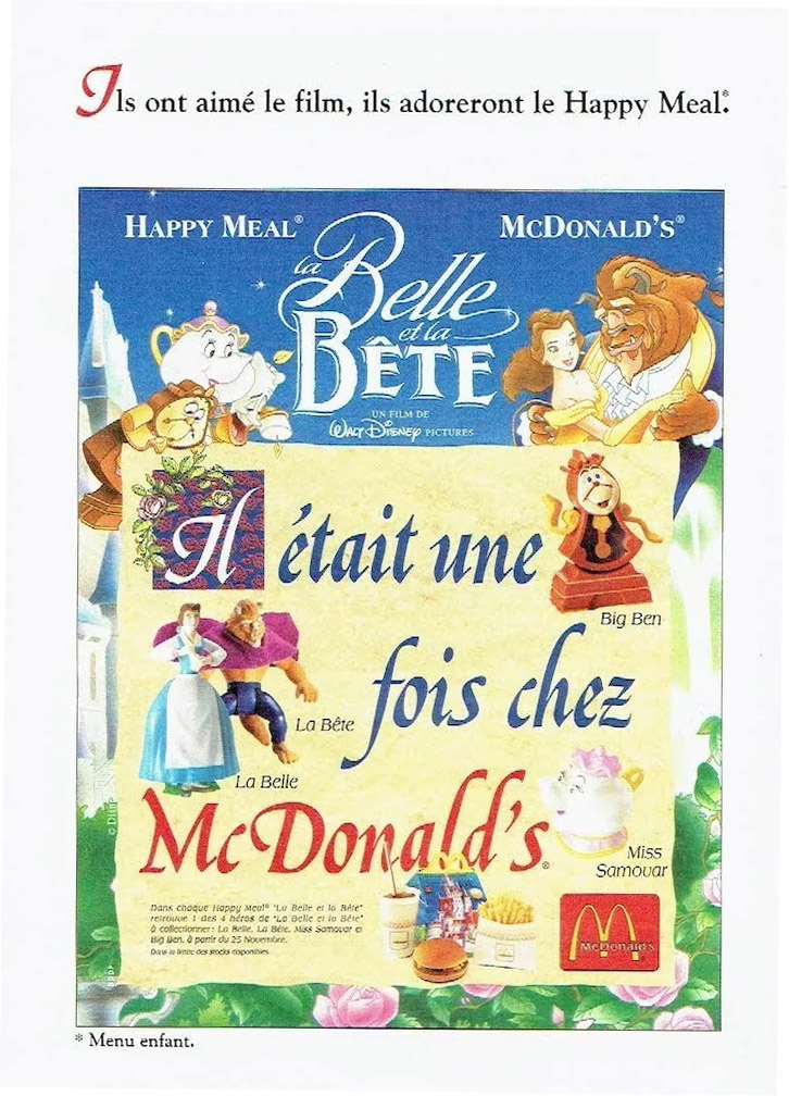 Publicité McDonald's - Happy Meal - partenariat avec le film "La Belle et la Bête" - 1992