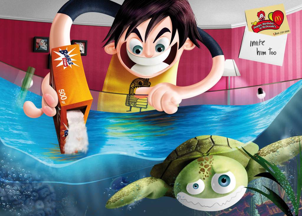 Publicité McDonald's - Birthday Party - Boy - Invite him too - Un mauvais garçon met de la lessive dans l'aquarium de la tortue - TBWA - Chili - 2009
