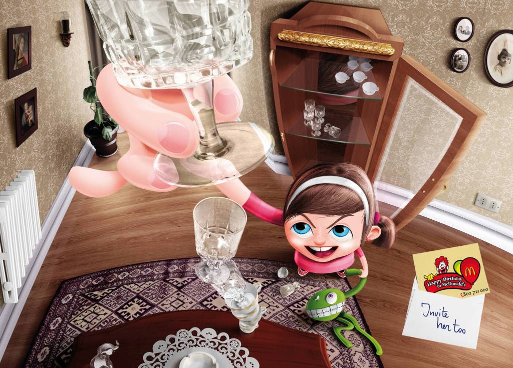 Publicité McDonald's - Birthday Party - Girl - Invite het too - Un mauvaise fillette tente de faire tenir en équilibre des verres - TBWA - Chili - 2009