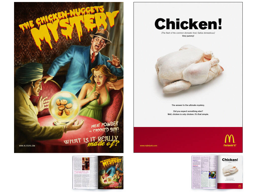 Publicité McDonald's - What is it really made of - 1ère page : The chicken-nuggets mystery - Voyant devant une boule de cristal où apparaissent des nuggets - 2ème page : Chicken avec un poulet entier au centre de la page - Agence DDB -Hongrie -2007