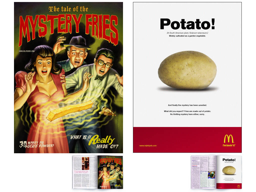 Publicité McDonald's - What is it really made of - 1ère page : The tale of the mystery fries -  3 personnes mystifiées devant une frite en lévitation - 2ème page : Potato avec une pomme de terre au centre de la page - Agence DDB -Hongrie -2007