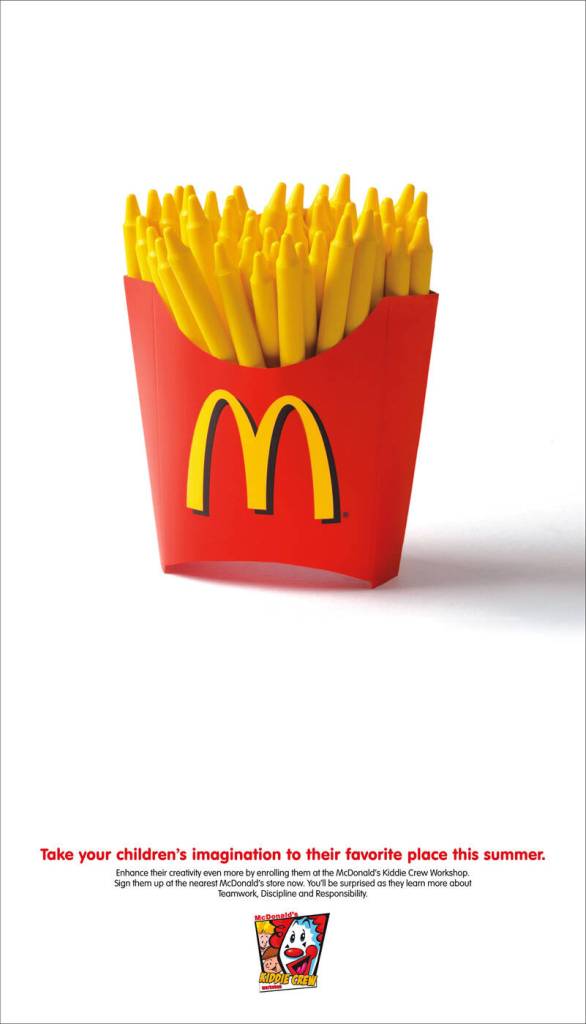 Publicité Mcdonald's - Jeux pour enfants - Take your children's imagination to their favorite place this summer - Pochette de frites avec des crayons à colorer jaunes - Agence DDB - Philippines - 2009