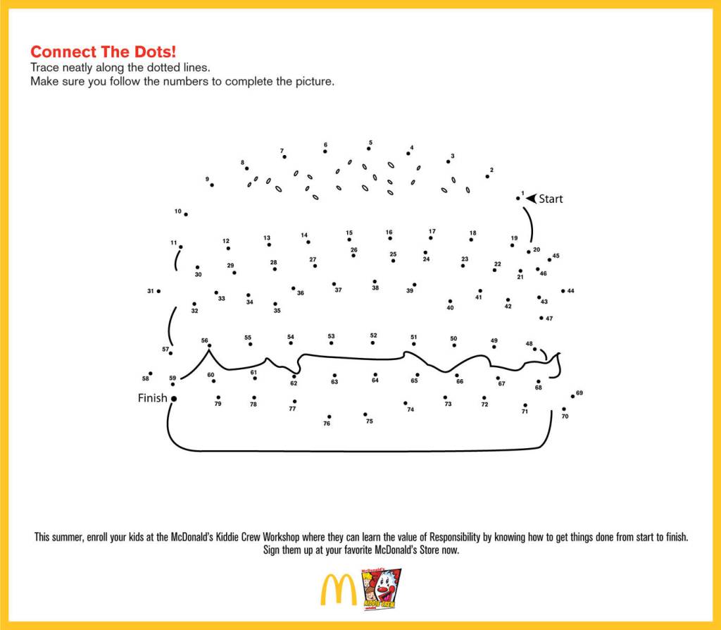 Publicité Mcdonald's - Jeux pour enfants - Connect the dots  - Points à relier dessinant un burger - Agence DDB - Philippines - 2009