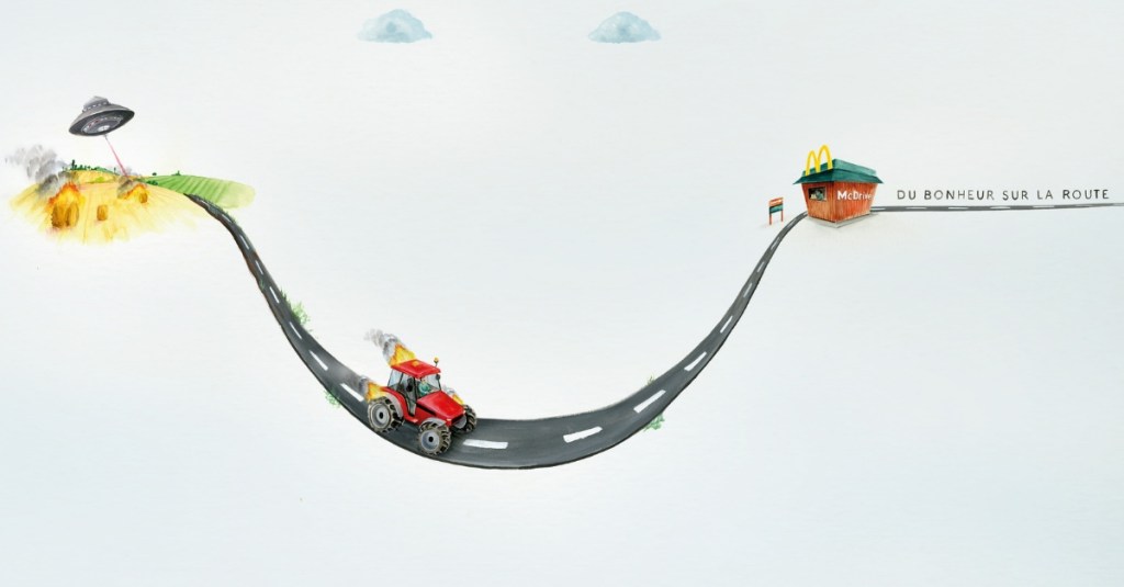 Publicité McDonald's - Drive - Du bonheur sur la route - Tracteur en feu fuit une attaque de soucoupe volante pour se rendre chez Mc Donald's - Agence TBWA Paris - 2018