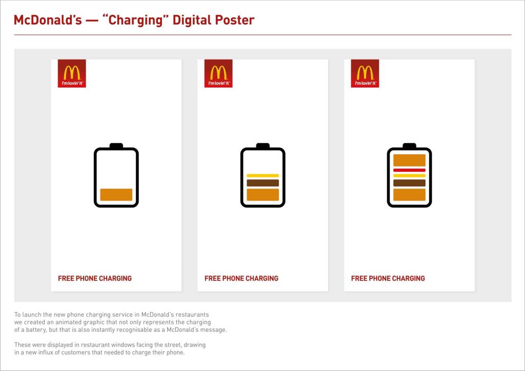 Publicité McDonald's - Charging - Sigle d'une batterie chargeant en 3 étapes, qui prend la forme d'un Big Mac - Agence Leo Burnett - UK - 2015