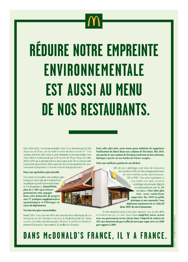Publicité McDonald's - Dans McDonald's, il y a France - Réduire notre empreinte environnementale est aussi au menu de nos restaurants - Restaurant McDonald's - Packaging de Big Mac - Agence TBWA\Paris - 2017