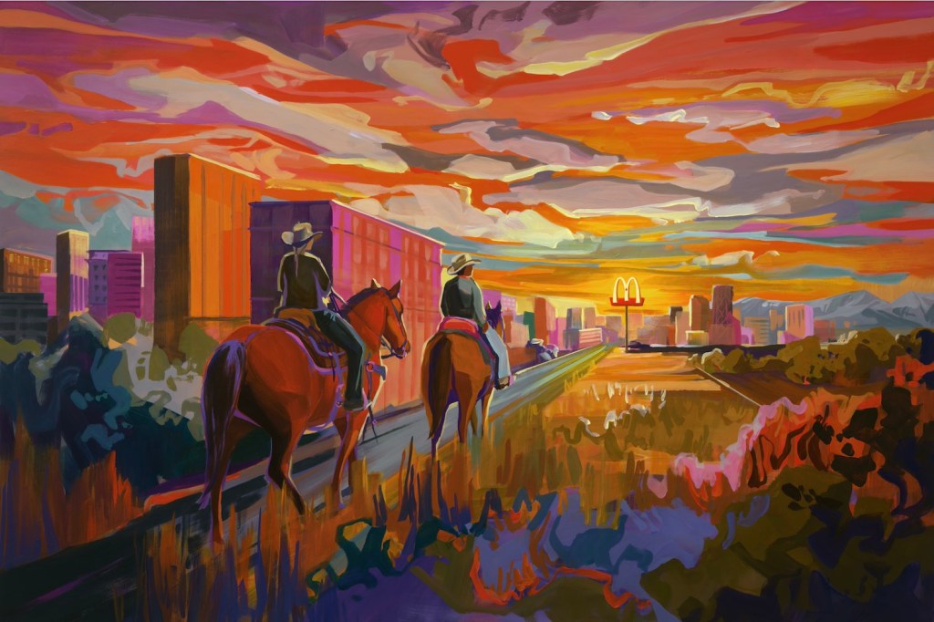 Publicité McDonald's - Hommage aux fermiers et éleveurs - Peinture de 2 cow-boys à cheval qui se dirigent vers un restaurant McDonald's - Agence Cossette - Canada - 2024