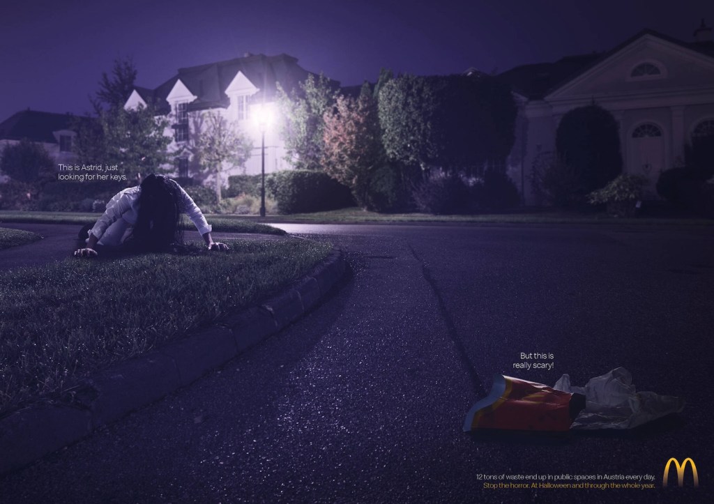 McDonald's - Halloween - Stop the horror. At Halloween and through the whole year - Femme inquiétante cherche ses clés sur la pelouse - La véritable horreur est le carton de frite et le papier de burger abandonné sur la route - DDB -Autriche - 2023