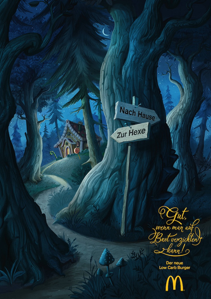 Publicité McDonald's - Deux directions indiquées au milieu d'une forêt - Référence Hansel&Gretel - Agence DBB - Autriche - 2016