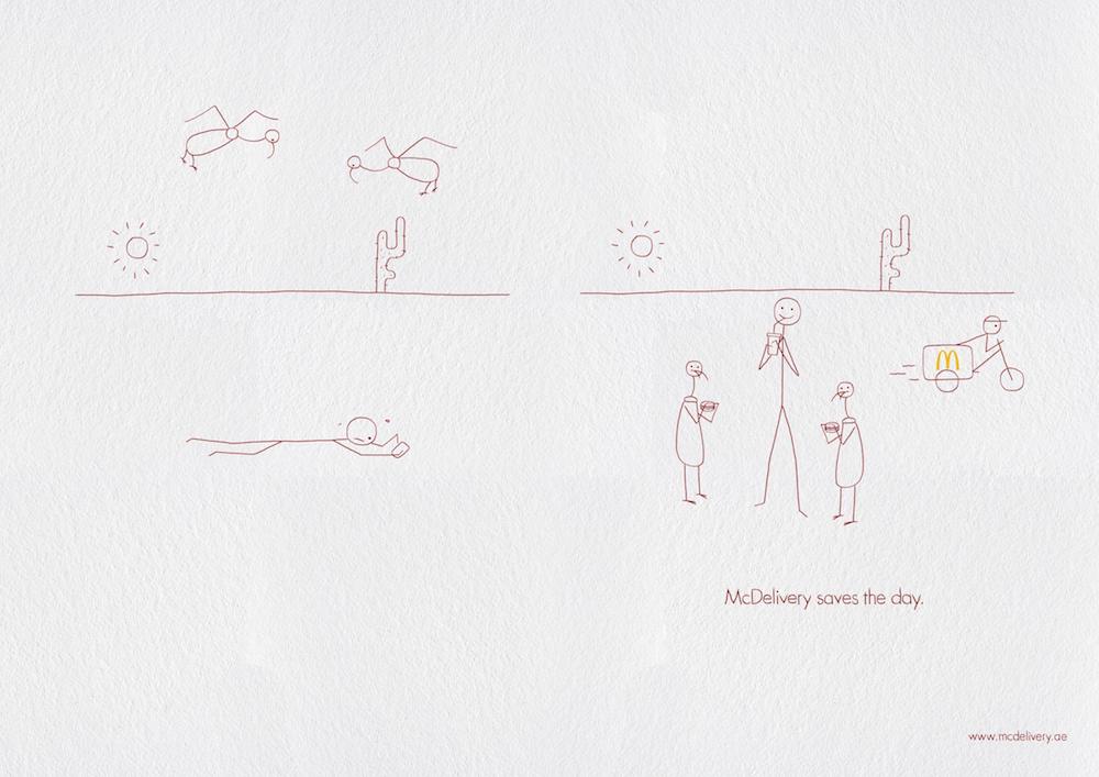 Publicité McDonald's - McDelivery - McDelivery saves the days - Homme dans le désert menacé par des vautours appelle le livreur - Leo Burnett - Émirats arabes unis - 2019