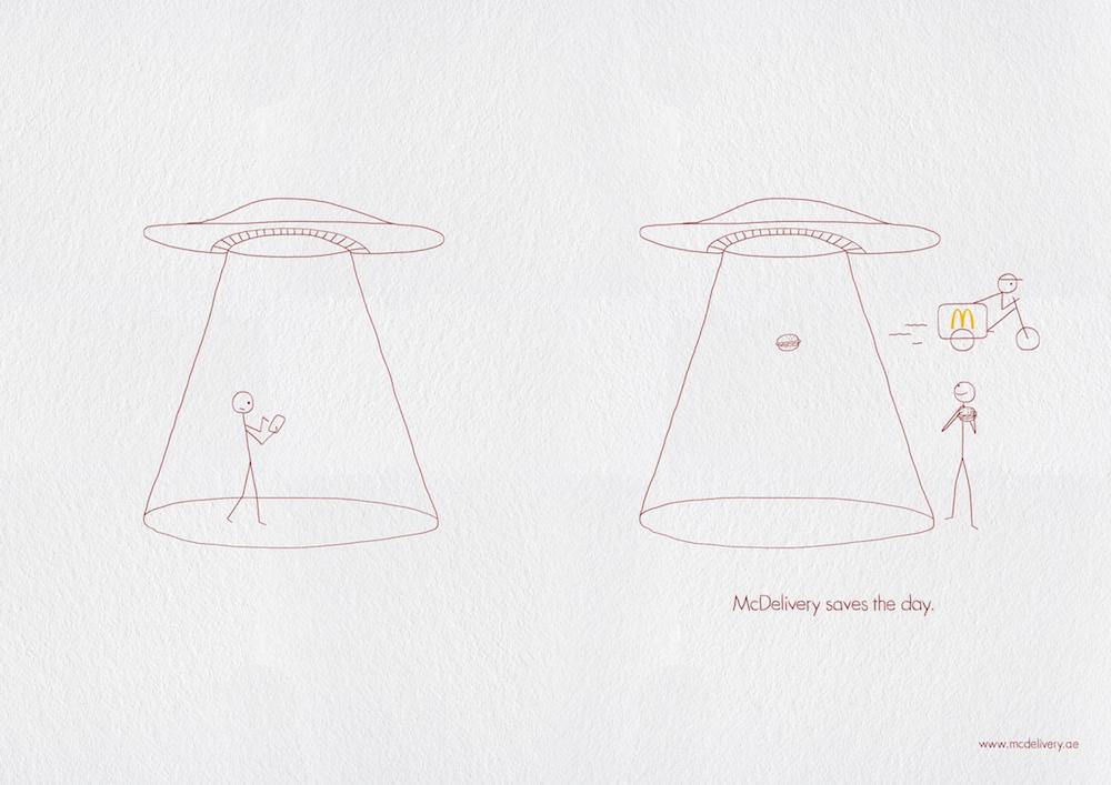 Publicité McDonald's - McDelivery - McDelivery saves the days - Homme sous une soucoupe volante appelle le livreur - Leo Burnett - Émirats arabes unis - 2019