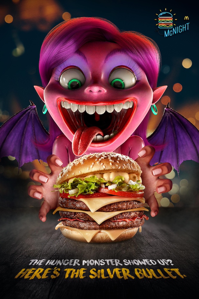 Publicité McDonald's - McNight - Monsters - The hunger monster showed up ? Here's the silver bullet - Une monstresse s'apprête à croquer dans un burger - Agence  DM9DDB - Brésil - 2018