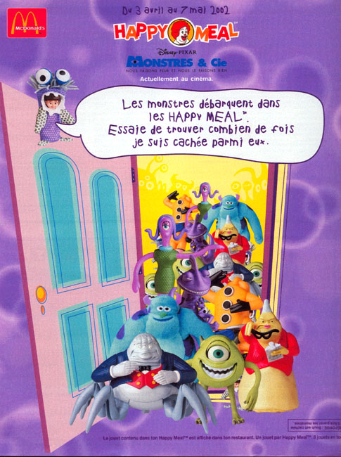 Publicité McDonald's - Happy Meal - partenariat avec le film Pixar "Monstres&Cie" - 2002