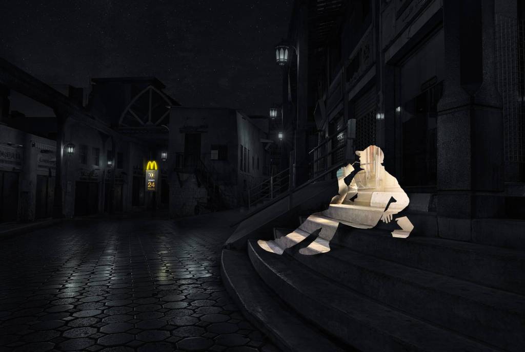 Publicité McDonald's - Open 24h - Night&Day - Silhouette d'un jeune à casquette sirotant une boisson présentant le jour assis sur un escalier - Agence Leo Burnett - Émirats arabes unis - 2015