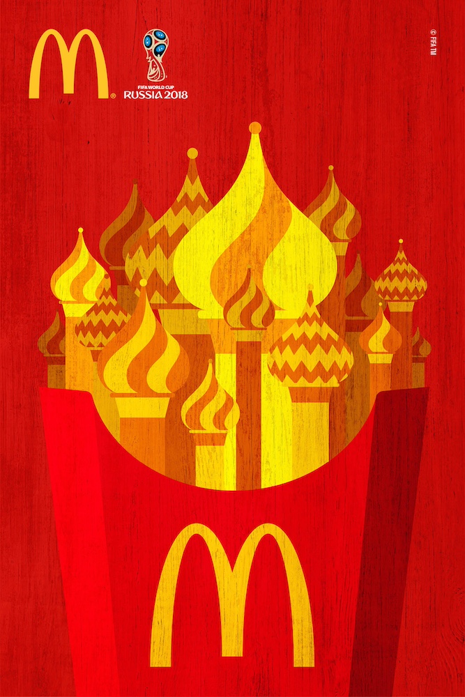 Publicité McDonald's - Partenariat FIFA World Cup 2018 - Russie - Sachet de frites avec des tours arborant un chatior en guise de frites - Agence DPZ&T - Brésil - 2018