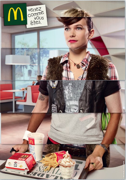 Campagne McDonald's - Venez comme vous êtes - Meddley - Femme découpée en plusieurs bandes - Agence BETC - 2012