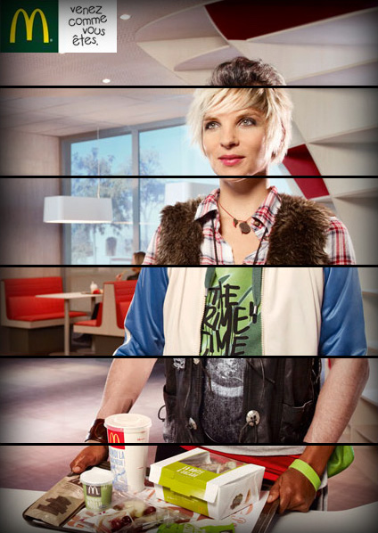 Campagne McDonald's - Venez comme vous êtes - Meddley - Femme découpée en plusieurs bandes - Agence BETC - 2012 