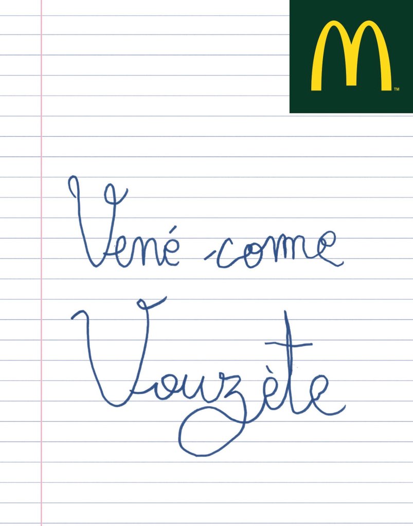 Publicité McDonald's - Venez comme vous êtes - Rentrée des classes - Venè come vouzète sur une page quadrillée - Noir et blanc - Agence BETC - 2017