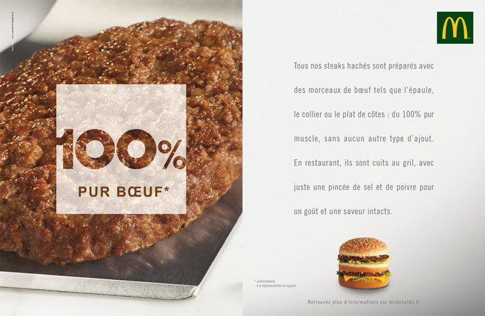 Campagne McDonald's - 100% - Pur boeuf - Tous nos steacks sont préparés avec des morceaux tels que l'épaule, le collier ou la plat de côtes - Photo d'un steak en gros plan à gauche - 2010