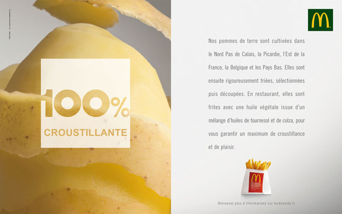 Campagne McDonald's - 100% - Croustillante - Nos pommes de terre sont cultivés dans le Nord Pas-de-Calais, la Picardie, l'Est de la France, la Belgique et les Pays-bas - Photo d'une pomme de terre s'épluchant en gros plan à gauche - 2010