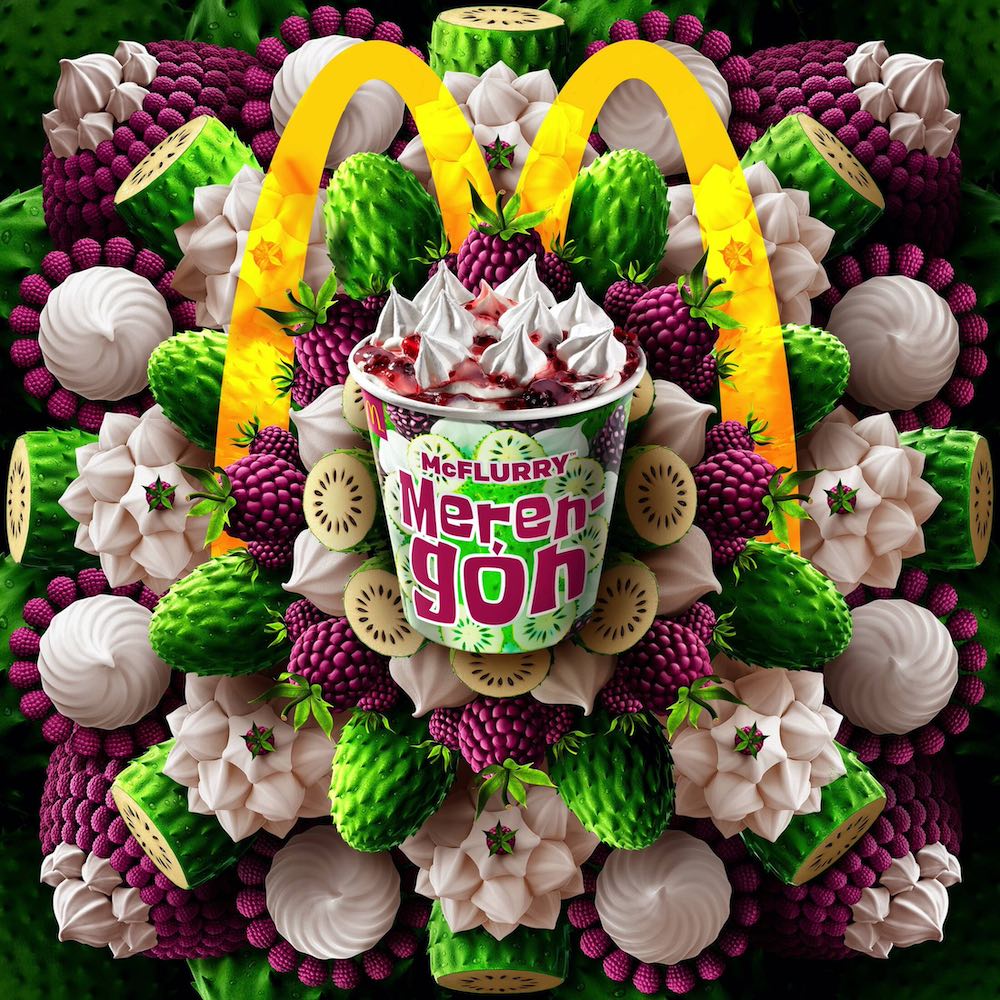Publicité McDonald's - McFlurry - Merengon - Pot en position centrale sous le logo, composition visuelle faite de fruits - Agence DDB - Colombie - 2019