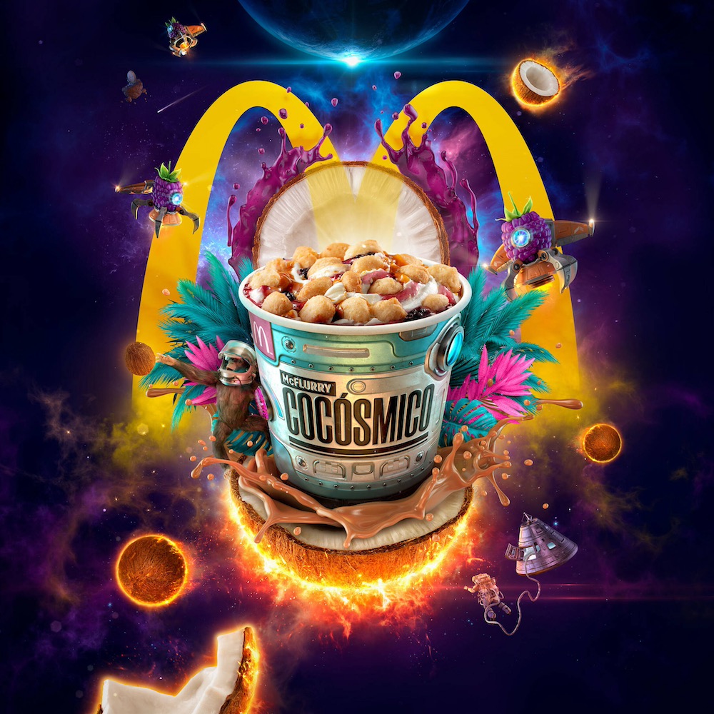 Publicité McDonald's - McFlurry - Cocosmico - Pot en position centrale sous le logo, composition visuelle inspirée de l'univers spatial - Agence DDB - Colombie - 2019