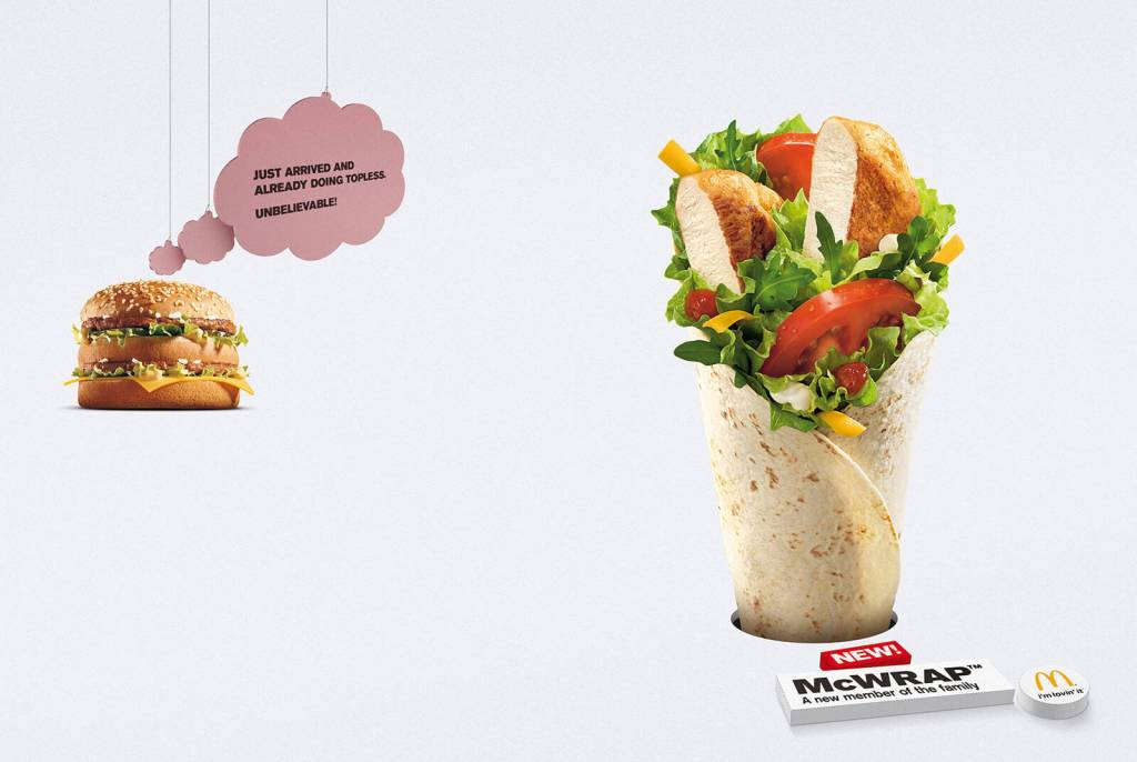 Publicité McDonald's - New McWrap - A new member of the family - On voit les pensées d'un BigMac - Just arrived and already doing topless. Unbelievable ! - DDB - Hongrie -2010