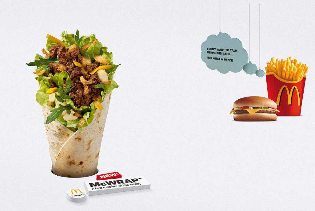 Publicité McDonald's - New McWrap - A new member of the family - On voir les pensées d'une portion de frites à côté d'un cheeseburger - I don't want to talk behind is back... But what a messi - DDB - Hongrie -2010