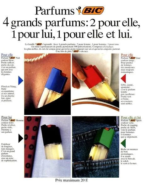Publicité Bic - Parfum - 4 grands parfums : 2 pour elle, 1 pour lui, 1 pour elle et lui - 4 images des parfums dans un décolleté, une poche, un sac - 1988