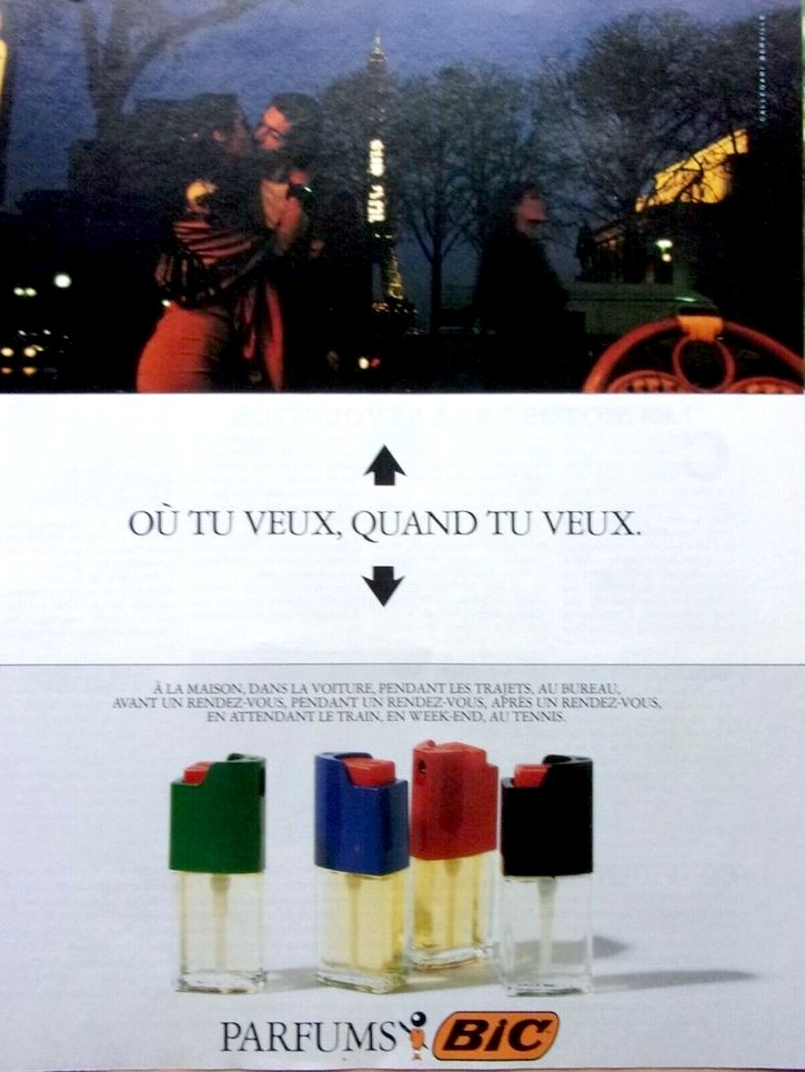 Publicité Bic - Parfum Bic - Gamme des 4 parfums - Où tu veux, quand tu veux - Un couple s'embrassant devant la Tour Eiffel - Agence Callegari Berville - France - 1988