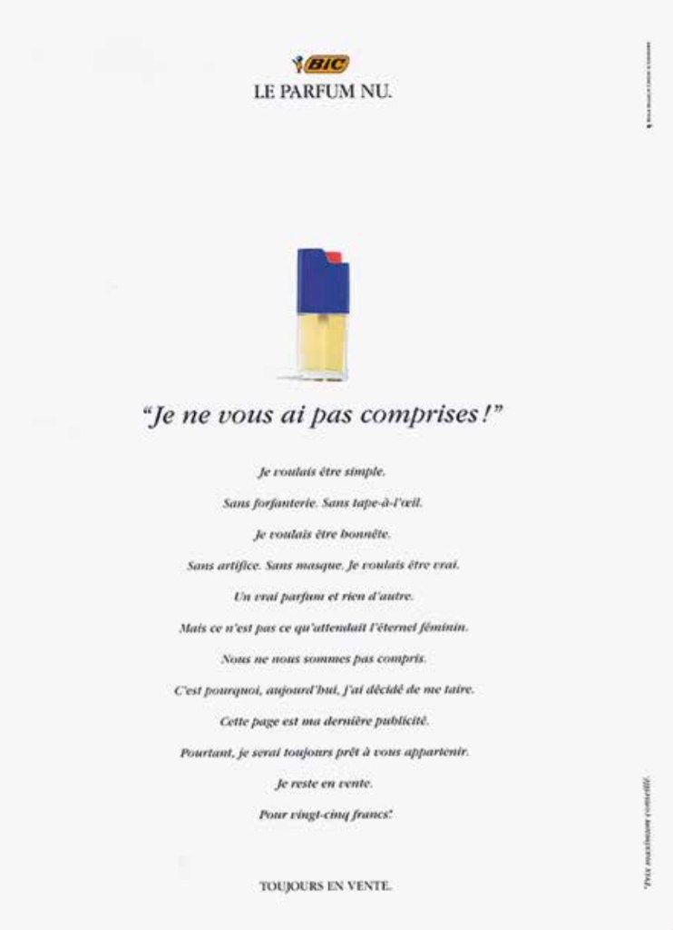 Publicité Bic - Parfum - Le parfum nu - Je ne vous ai pas comprises - Dernière campagne pour les parfums Bic - 1991