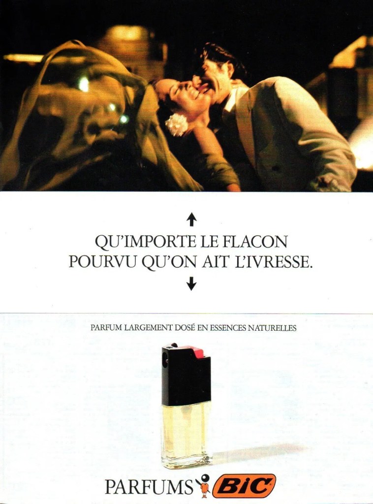 Publicité Bic - Parfum Bic - Parfum Noir - Qu'importe le flacon pourvu qu'on ait l'ivresse - Un couple s'embrassant dans la rue nocturne - Agence Callegari Berville - France - 1988