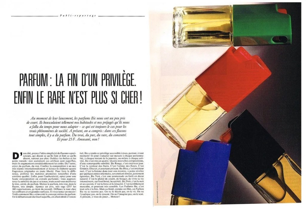 Publicité Bic - Parfum - Parfum : la fin d'un privilège. Enfin le rare n'est plus si cher - Mise en scène page de droite des 4 parfums - Publireportage - 1988