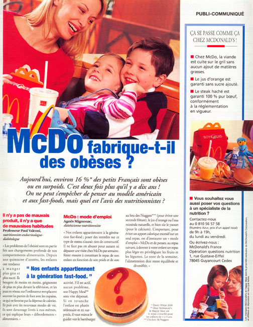 Publicité McDonald's - Publi-communiqué - McDo fabrique-t-il des obèses ? - Deux enfants et leur mère - Rédactionnel sur 4 colonnes - 2000