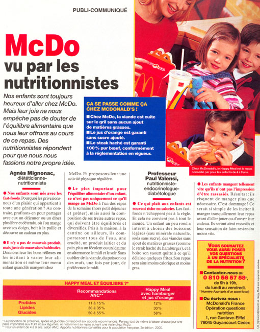 Publicité McDonald's - Publi-communiqué - McDo vu par les nutritionnistes - Deux enfants et leur mère - Rédactionnel sur 4 colonnes - 2000