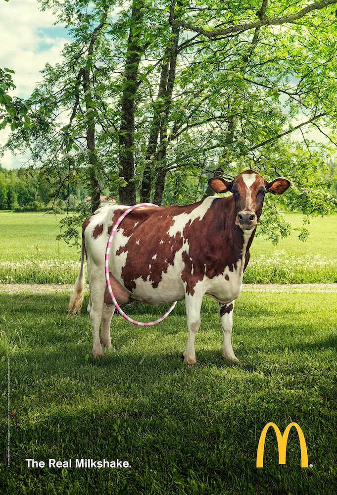 Publicité McDonald's - The Real Milkshake - Une vache avec un cerceau autour du corps - Agence DDB - Finlande  - 2014