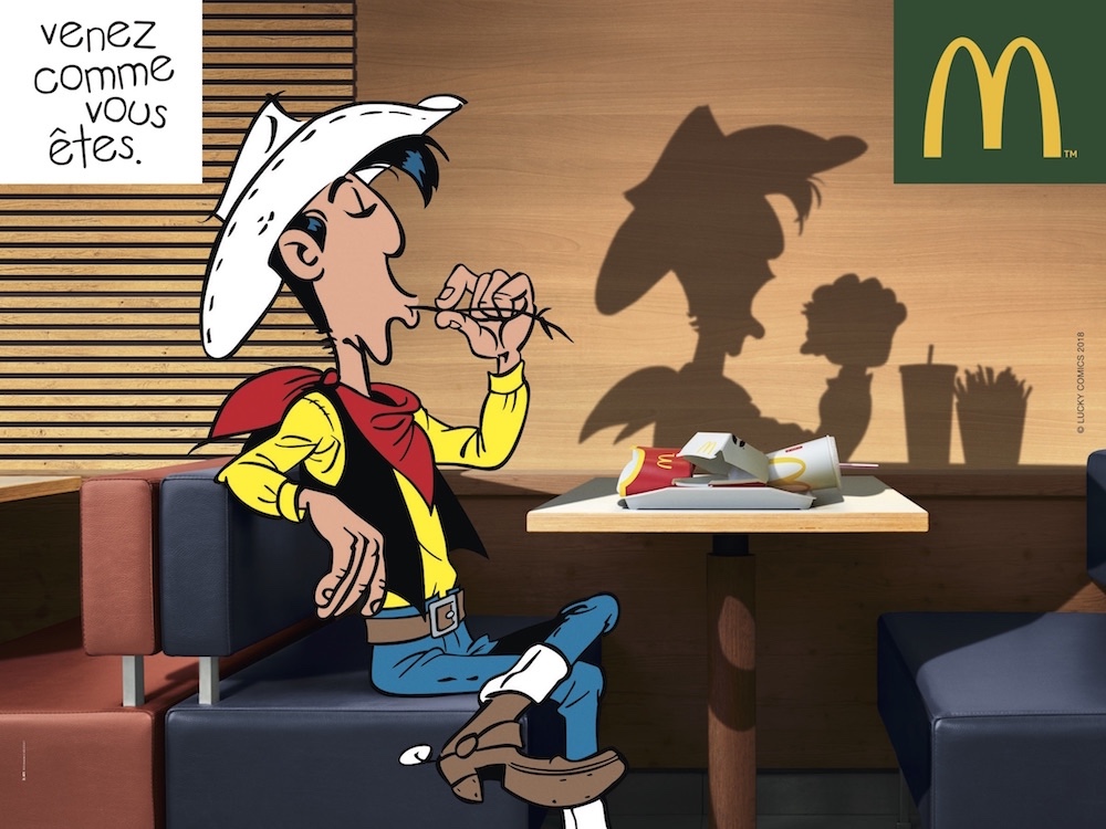 Publicité McDonald's - Venez comme vous êtes - Lucky Luke a un brin d'herbe dans la bouche, mais son ombre mange un burger - Agence BETC Paris - 2018